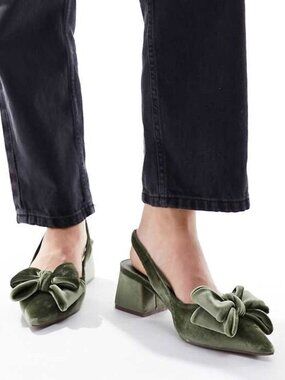 ASOS DESIGN Wide Fit Symphony bow slingback mid block heeled shoes in sage, sz 8